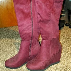 Burgundy knee high wedge boots